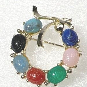 Vintage Egyptian Revival Brooch Pin Scarab Multicolor Beetle‎ Insects Gold Tone